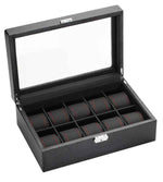 Load image into Gallery viewer, 10 Piece Race-Inspired Carbon Fiber Watch Box with Red Stitching