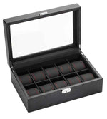 Load image into Gallery viewer, 10 Piece Race-Inspired Carbon Fiber Watch Box with Red Stitching