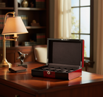 Load image into Gallery viewer, Diplomat 10-Piece Piano Black Wood Watch Storage Case with Cherry Wood Accents on Dresser