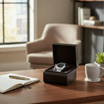 Cargar imagen en el visor de la galería, Diplomat Single Leather Watch Box – Black Onyx with Steel Gray Trim - Watch Box Co.