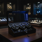 Load image into Gallery viewer, Diplomat Black Edition Six Watch Winder with blue LED lighting in a dark luxury watch room