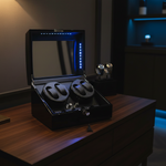 Load image into Gallery viewer, Diplomat Black Edition Four Watch Winder with blue LED lighting in a dark luxury watch room