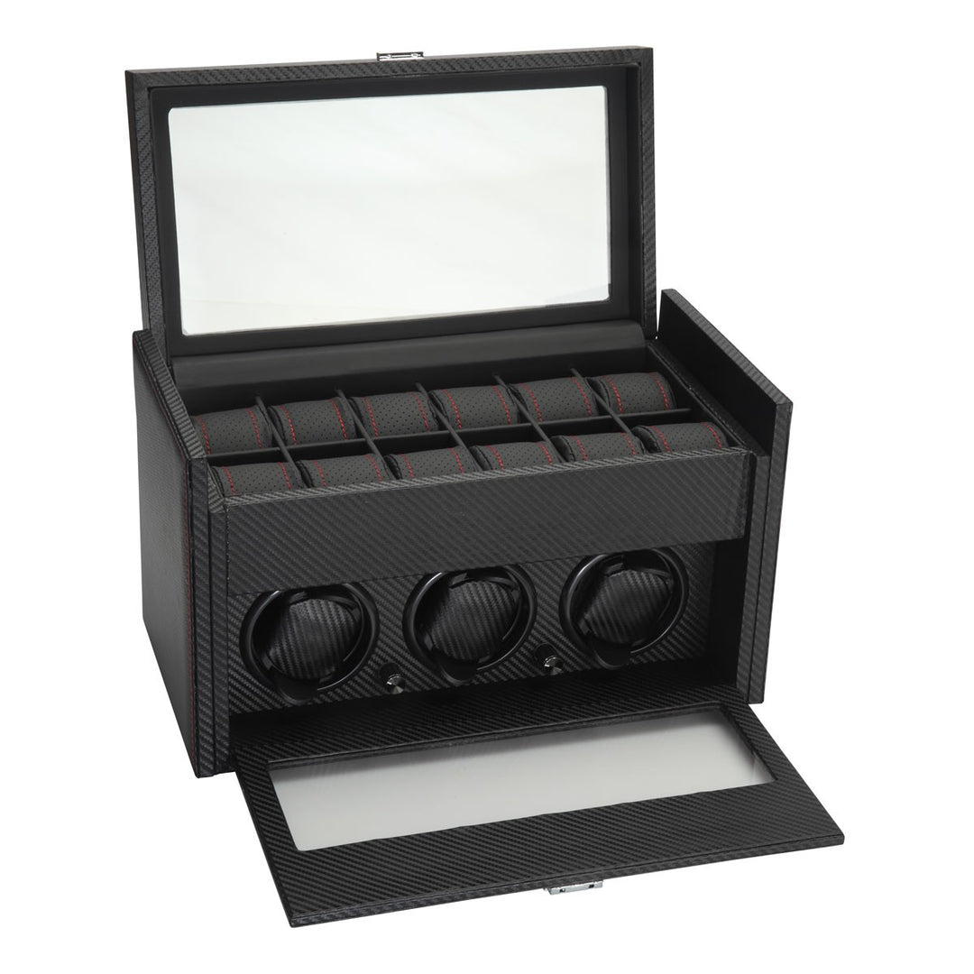 Diplomat Black Carbon Fiber Pattern 3 Watch Winder & 12 Watch Additional Storage