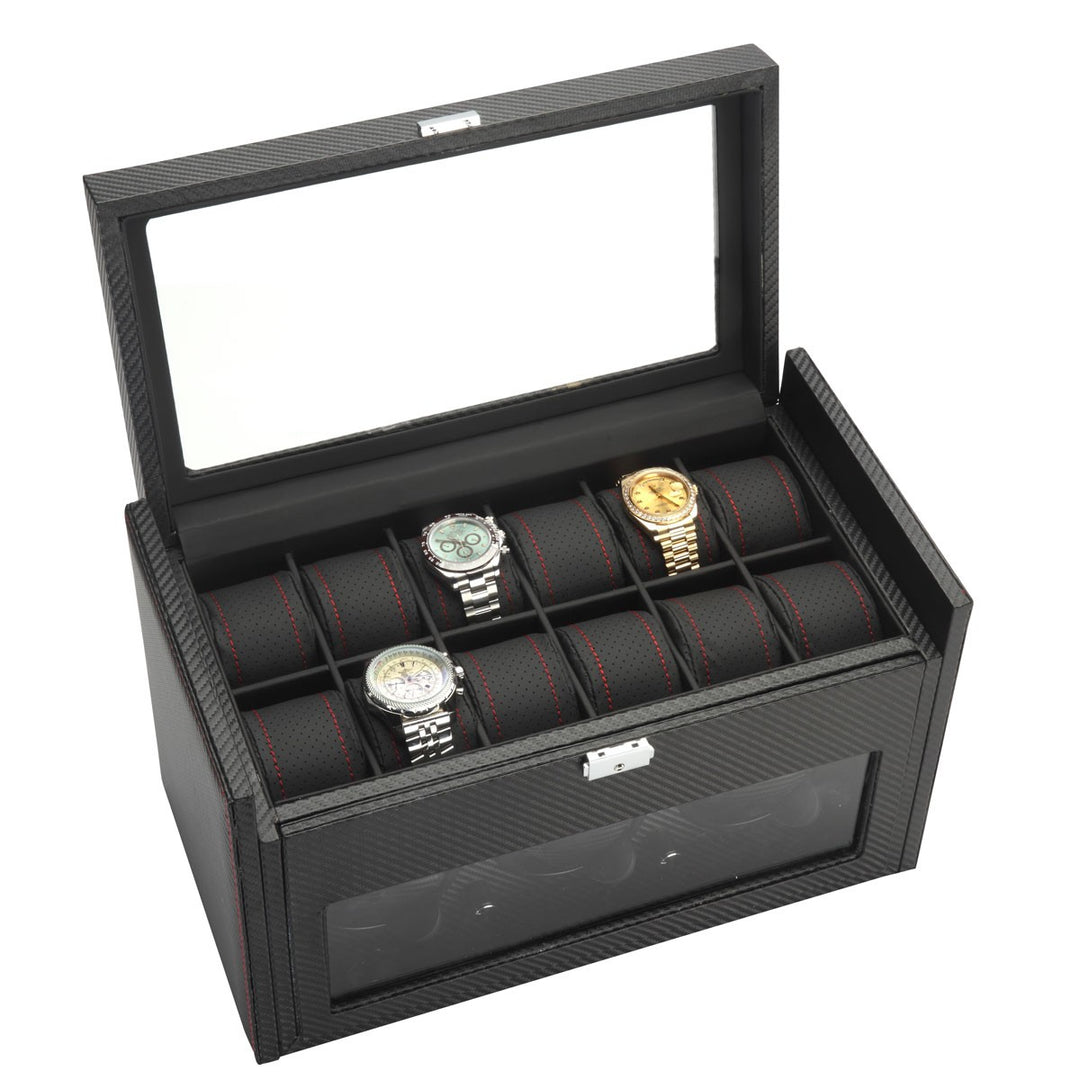 Diplomat Black Carbon Fiber Pattern 3 Watch Winder & 12 Watch Additional Storage