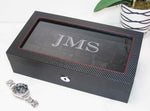 Cargar imagen en el visor de la galería, Diplomat 12-Piece Carbon Fiber Watch Box – Red Accent Stitching - Watch Box Co.