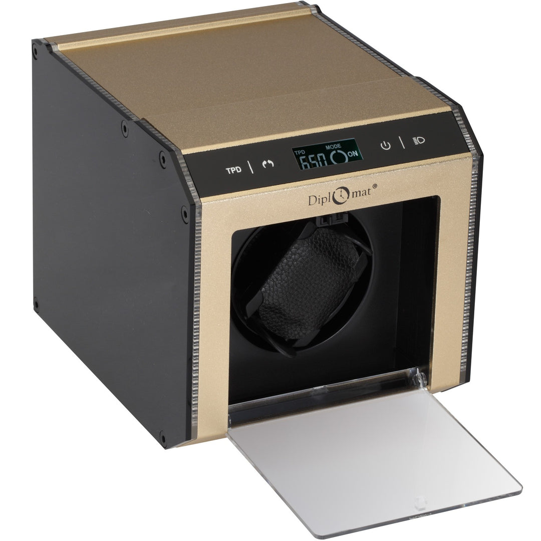 Diplomat Brushed Champagne Aluminum Single Watch Winder With L.E.D Lighting.