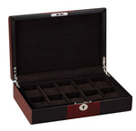 Load image into Gallery viewer, Diplomat 10-Piece Piano Black Wood Watch Storage Case – Cherry Wood Accents