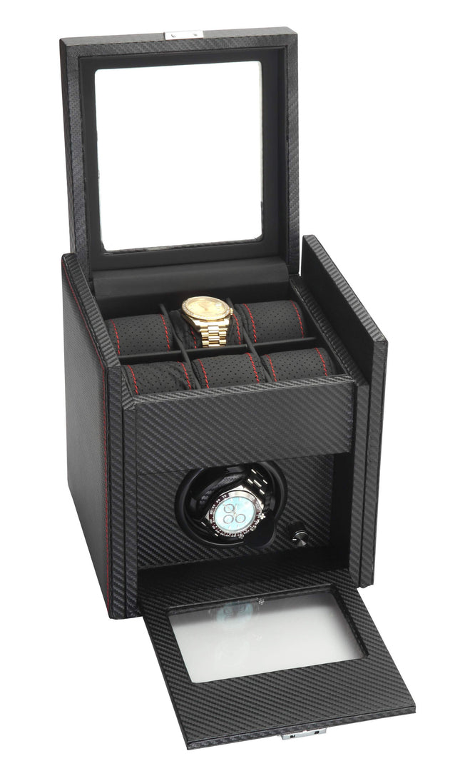 Diplomat Black Carbon Fiber Pattern Single Watch Winder & 6 Watch Additional Storage
