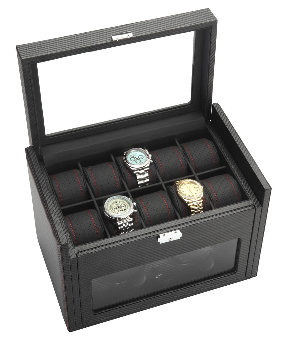 Diplomat Black Carbon Fiber Pattern Double Watch Winder & 10 Watch Additional Storage