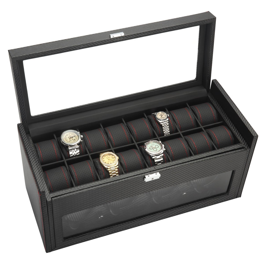 Diplomat Black Carbon Fiber Pattern Four Watch Winder & 16 Watch Additional Storage