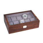 Load image into Gallery viewer, 10-Piece Glass Top Watch Case with Wood Grain Design and Grey Faux Suede Interior