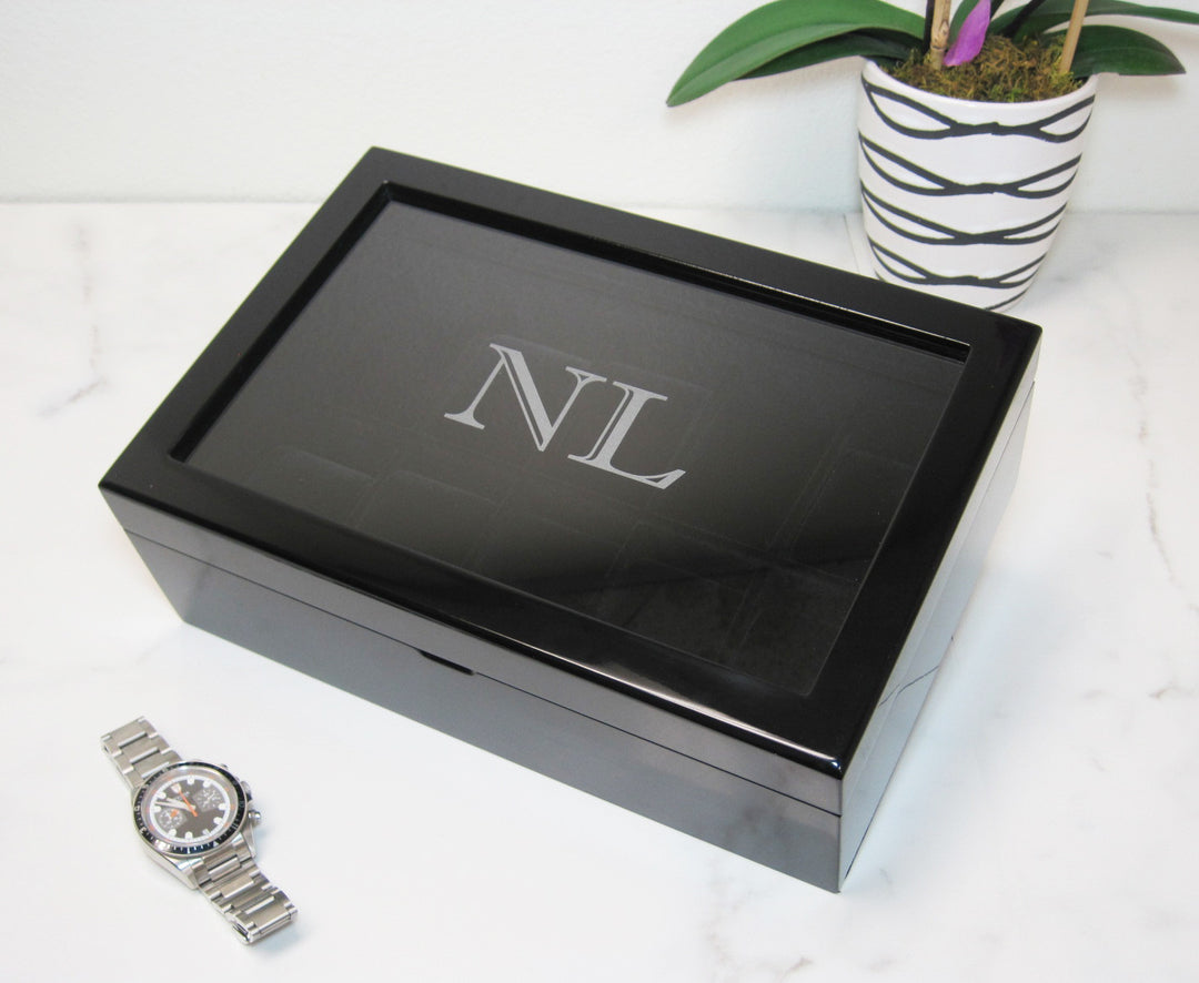 (10) Piano Black Wood Watch Box with Glass Top