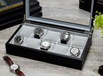 Load image into Gallery viewer, 10-Piece Modern Wood Watch Box with Glass Top in Satin Black - Watch Box Co.