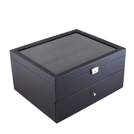 (36) Carbon Fiber Pattern Leather Watch Box with Glass Top