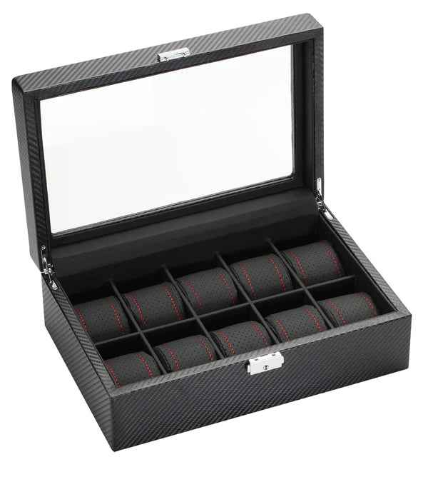 10 Piece Race-Inspired Carbon Fiber Watch Box with Red Stitching