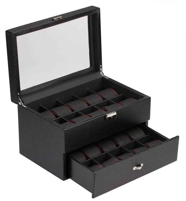 Diplomat 20-Piece Carbon Fiber Watch Box with Race-Inspired Red Stitch Trim