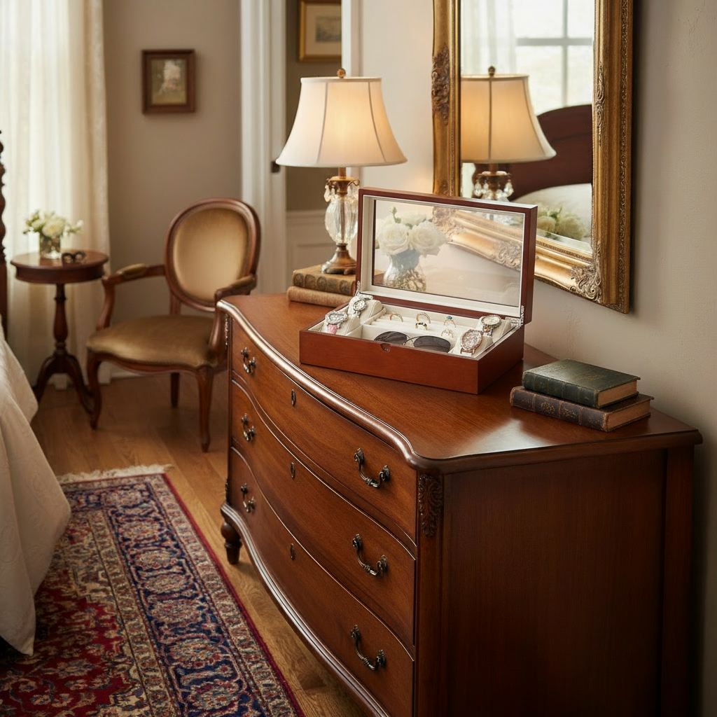 4-Piece Vintage Oak Wood Watch & Jewelry Box - Open