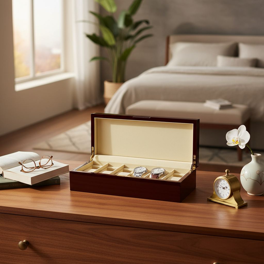 6-Piece Mahogany Wood Watch Box – Gloss Finish with Beige Micro Suede Interior