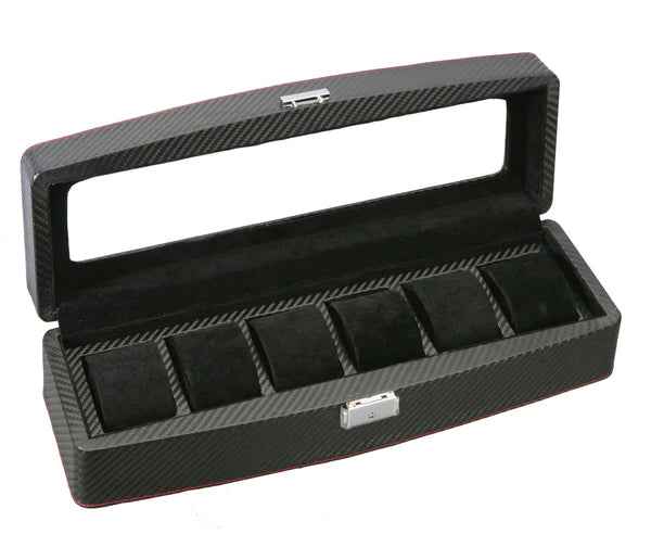 Diplomat 6-Piece Carbon Fiber Watch Box – Red Accent Stitching