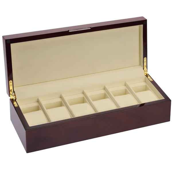 6-Piece Mahogany Wood Watch Box – Gloss Finish with Beige Micro Suede Interior
