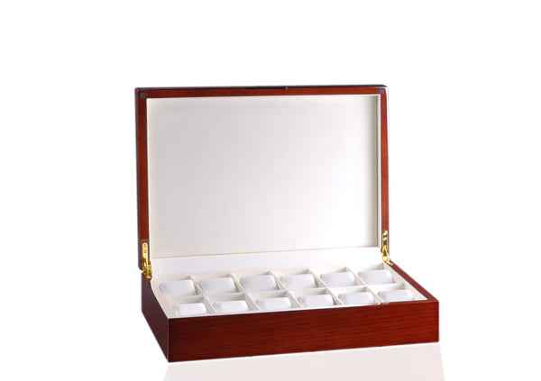 Diplomat 12-Piece Mahogany Wood Watch Storage Case – Cream Leatherette Interior