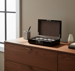 Load image into Gallery viewer, Diplomat 10-Piece Black Wood Watch Storage Case with Carbon Fiber Accents on Dresser
