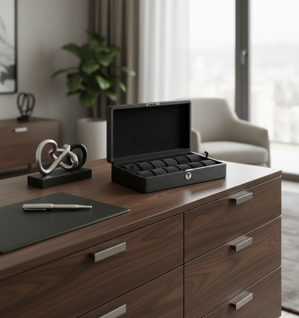 Diplomat 12-Piece Carbon Fiber Watch Box on Dresser