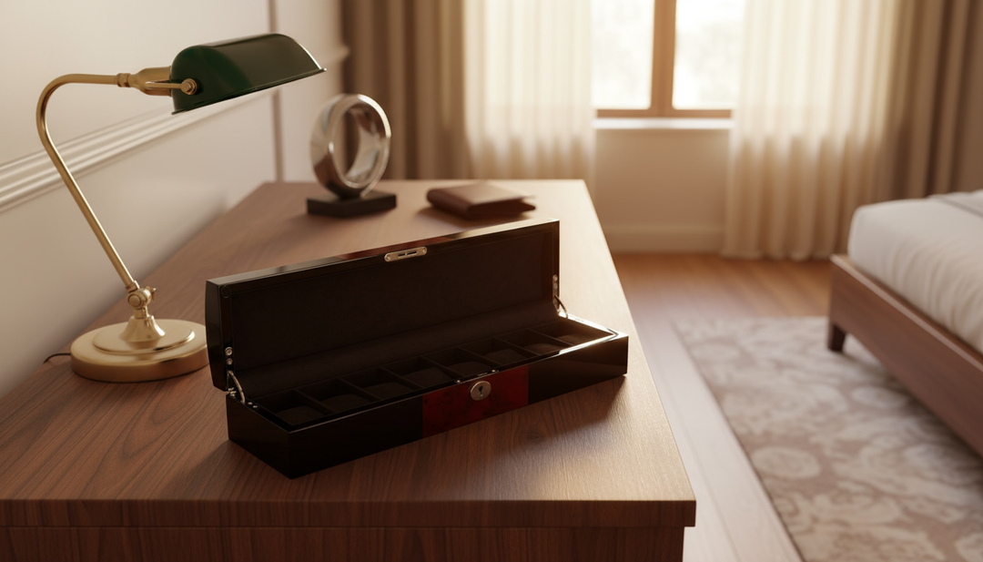 Diplomat 8-Piece Black Wood Watch Storage Case with Cherry Wood Accents on Dresser