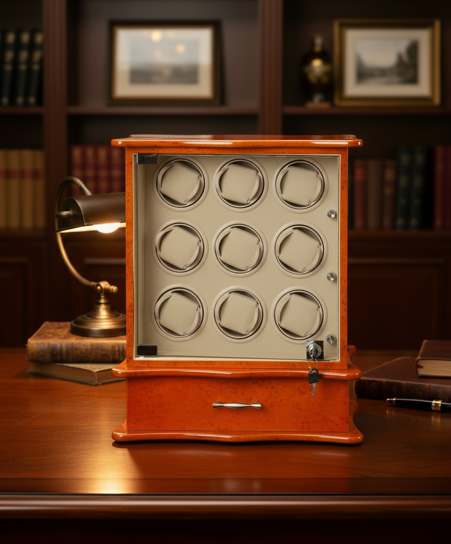 Diplomat Estate Collection Burl Wood Watch Winder for Nine Timepieces