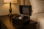 Load image into Gallery viewer, Diplomat Single Black Mahogany Wood Watch Box open with watch inside in luxury bedroom
