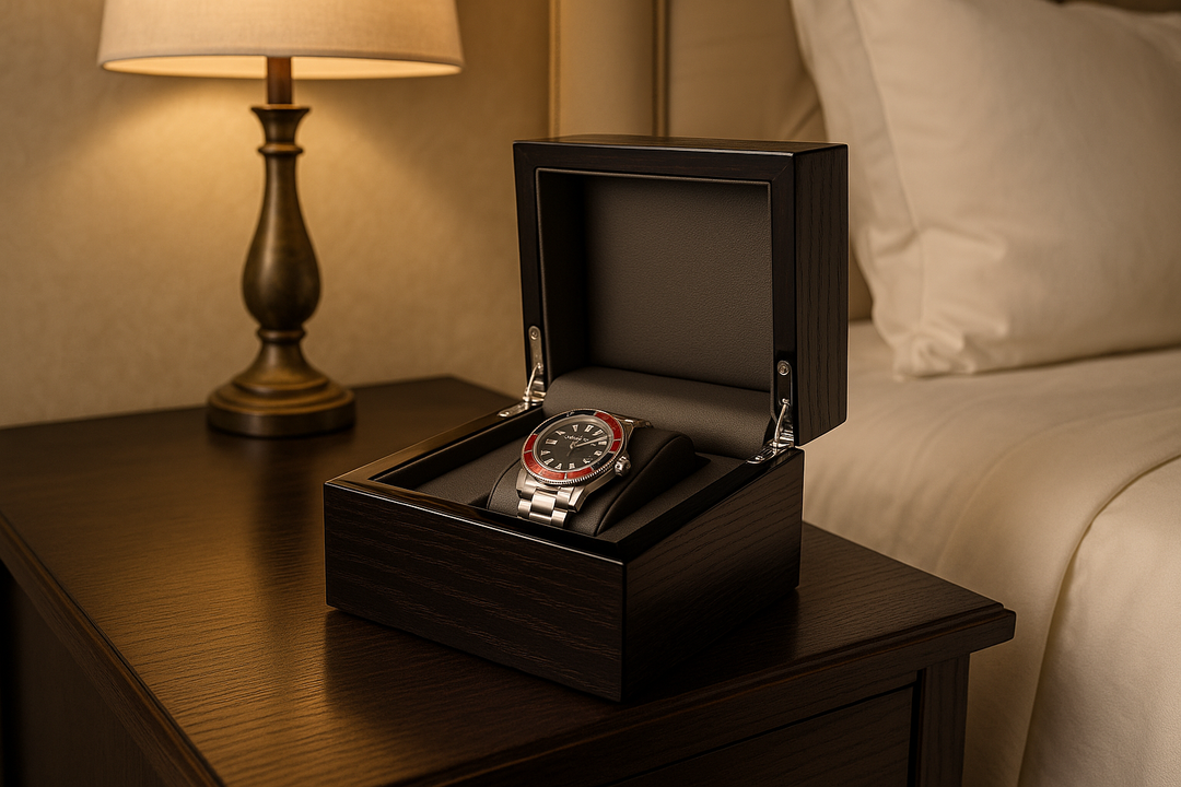 Diplomat Single Black Mahogany Wood Watch Box open with watch inside in luxury bedroom