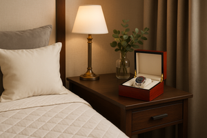 Diplomat Single Mahogany Wood Grain Watch Box in refined luxury bedroom