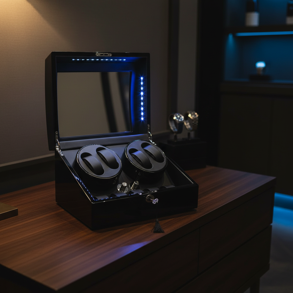 Diplomat Black Edition Four Watch Winder with blue LED lighting in a dark luxury watch room