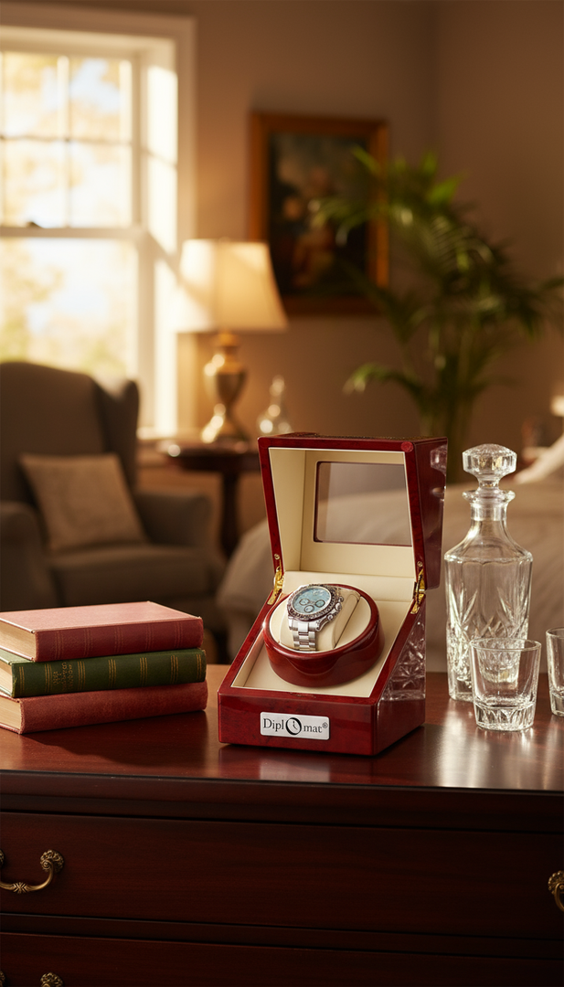 Rosewood Single Watch Winder on Dresser