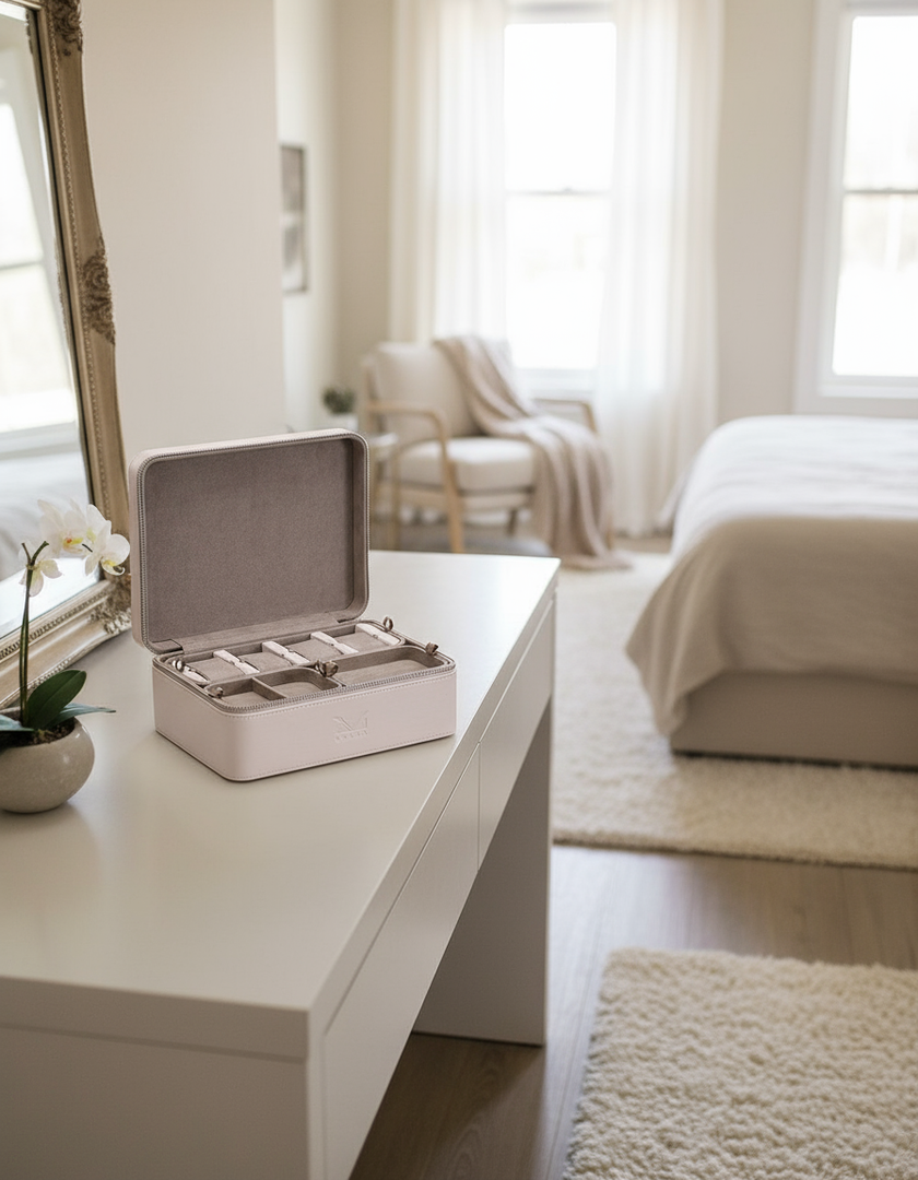 Volta 4-Piece Combination Watch & Jewelry Case – Nude Leather Background