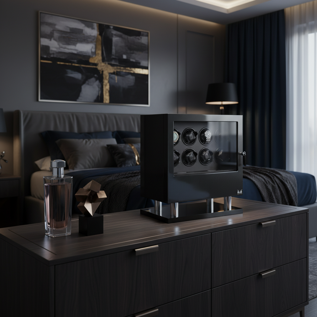 Volta Watch Winder 8-Piece Signature Series in High Gloss Carbon Fiber Finish