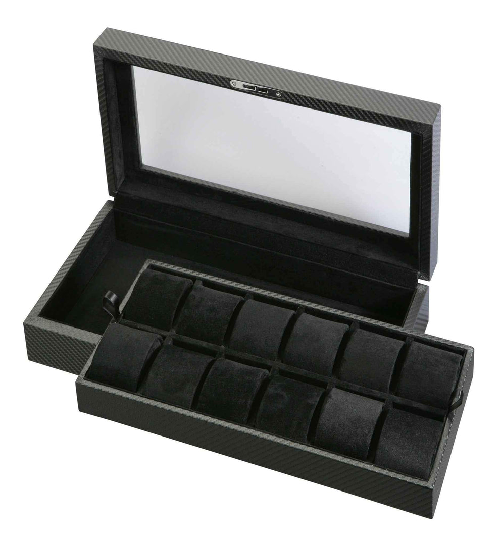 Diplomat 12-Piece Carbon Fiber Watch Box – Red Accent Stitching