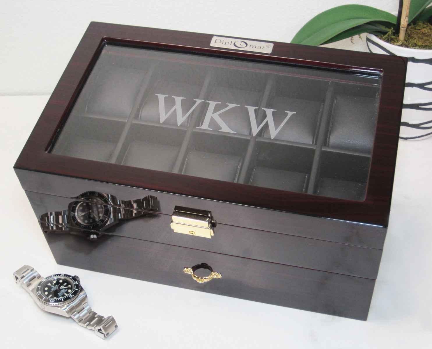 (20) Diplomat Dark Ebony Wood Watch Box Interior is Lined with Plush