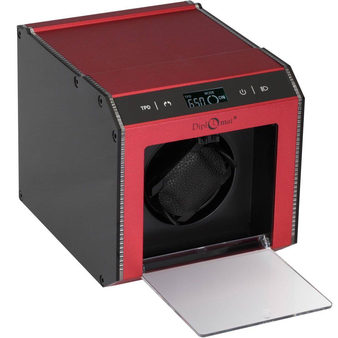 Diplomat Brushed Red Aluminum Single Watch Winder With L.E.D Lighting.