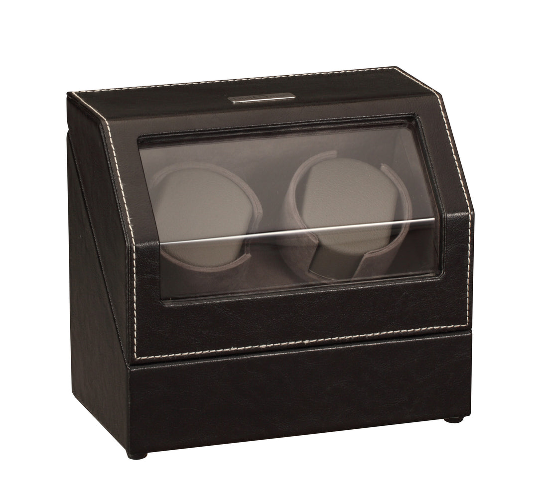 Diplomat Black Leather Double Watch Winder with Stitch Trim - Watch Box Co. - 2