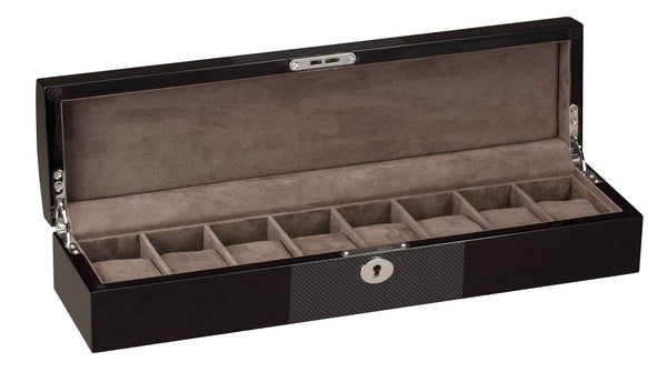 Diplomat 8-Piece Black Wood Watch Storage Case – Carbon Fiber Accents