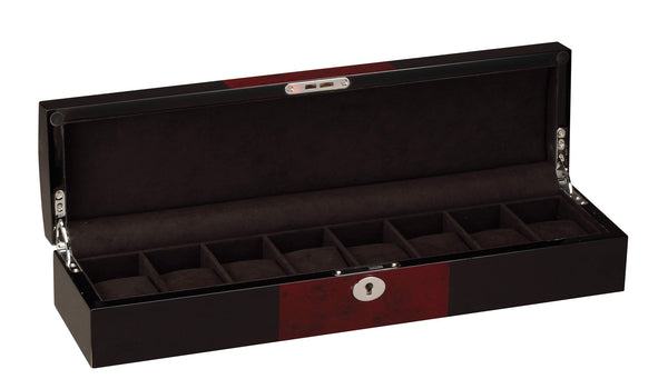Diplomat 8 Piano Black Wood Watch Box With Cherry Wood Accent Trim - Watch Box Co. - 1