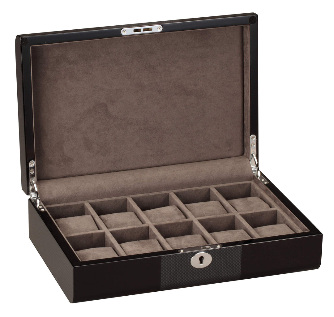 Diplomat 10 Piano Black Wood Watch Case With Carbon Fiber Accent Trim - Watch Box Co. - 1