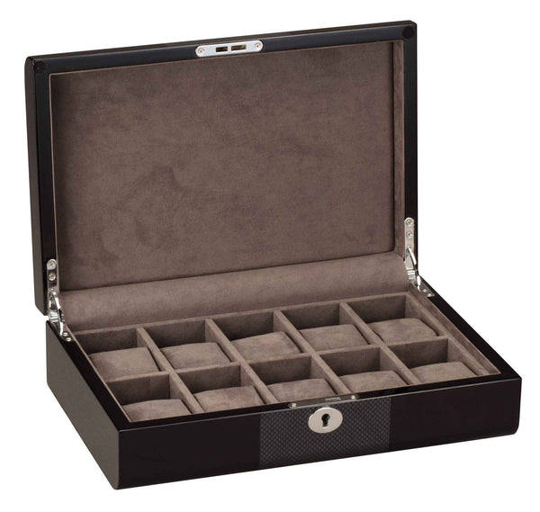 Diplomat 10-Piece Black Wood Watch Storage Case – Carbon Fiber Accents