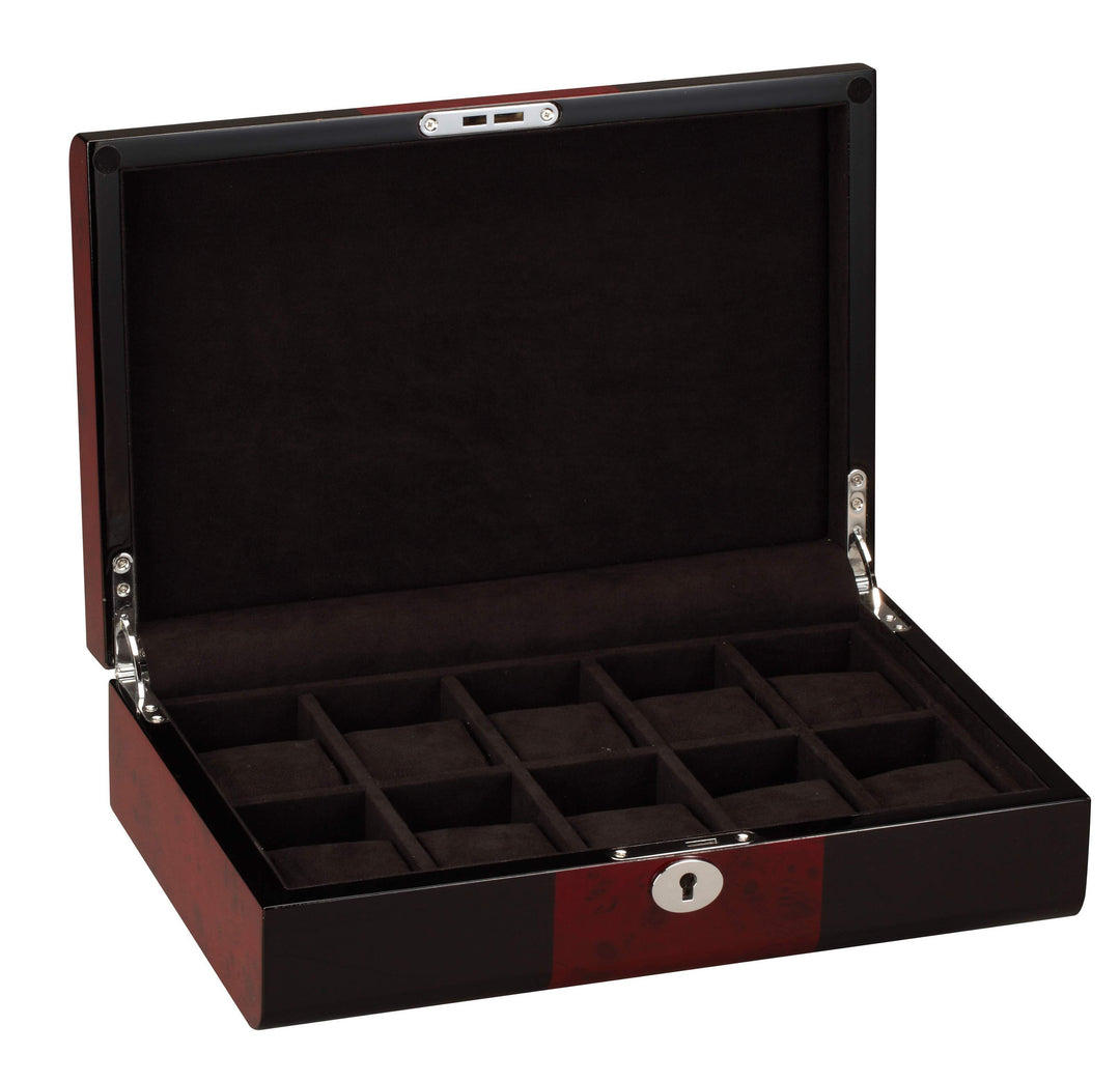 Diplomat 10 Piano Black Wood Watch Case With Cherry Wood Accent Trim - Watch Box Co. - 1