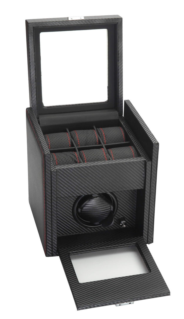 Diplomat Black Carbon Fiber Pattern Single Watch Winder & 6 Watch Additional Storage