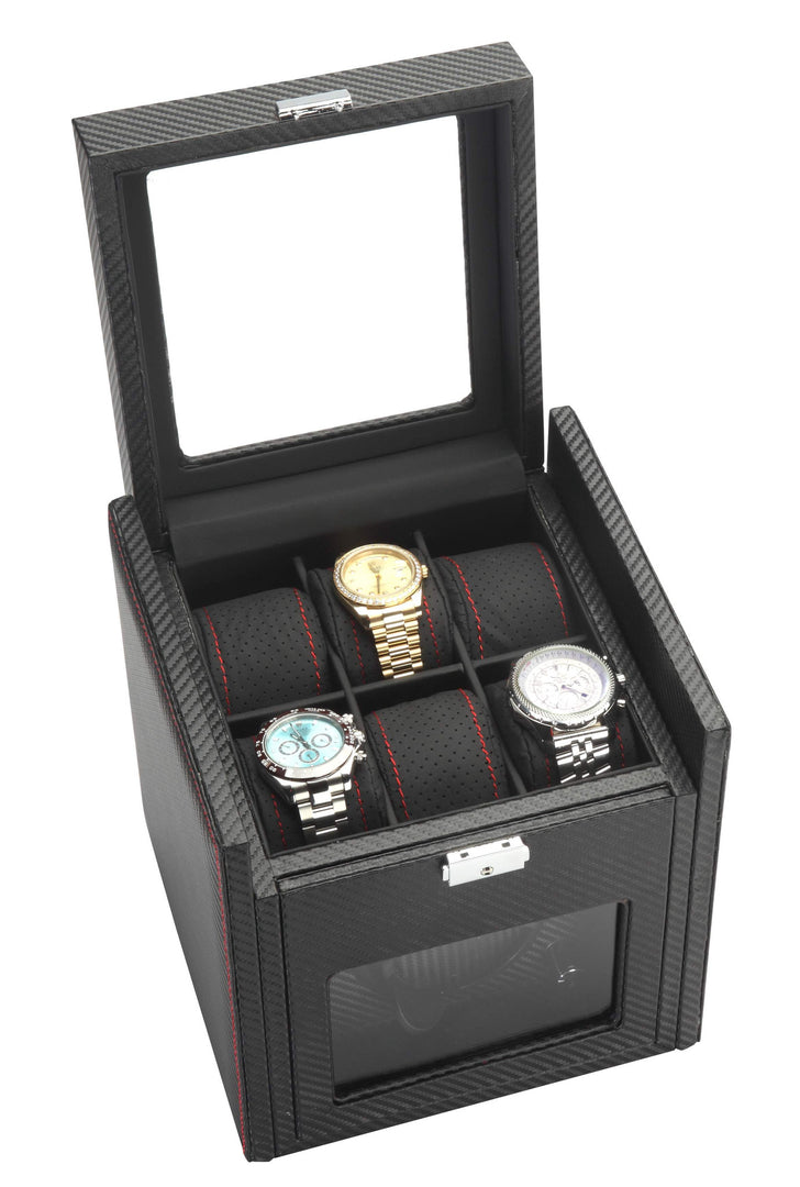 Diplomat Black Carbon Fiber Pattern Single Watch Winder & 6 Watch Additional Storage