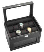 Load image into Gallery viewer, Diplomat Black Carbon Fiber Pattern Double Watch Winder &amp; 10 Watch Additional Storage