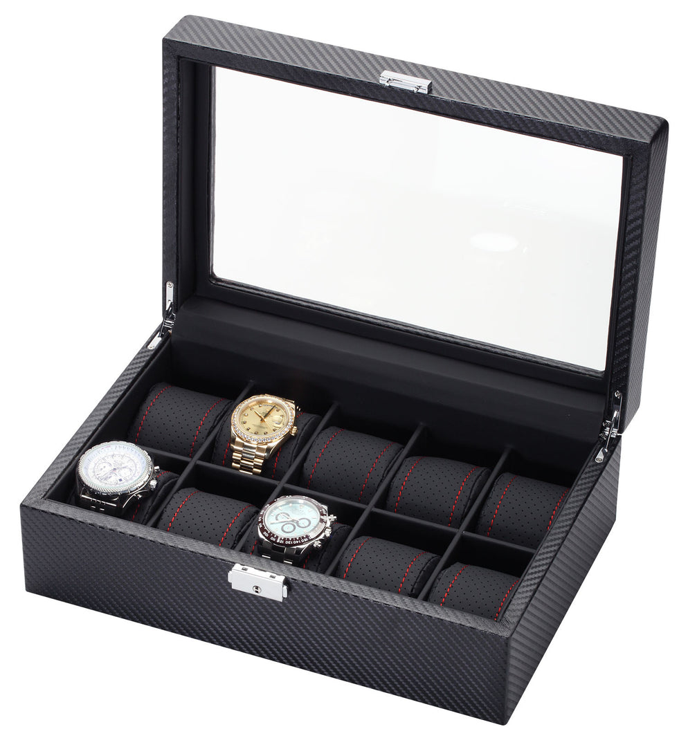 10 Piece Carbon Fiber Watch Box With Red Stitch Trim - Watch Box Co. - 2