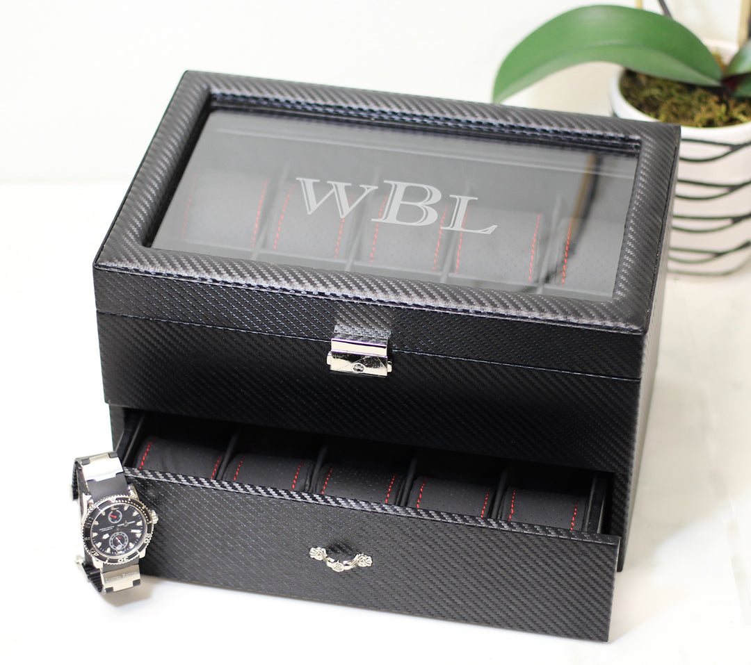 20 Piece Carbon Fiber Watch Box With Red Stitch Trim - Watch Box Co. - 4